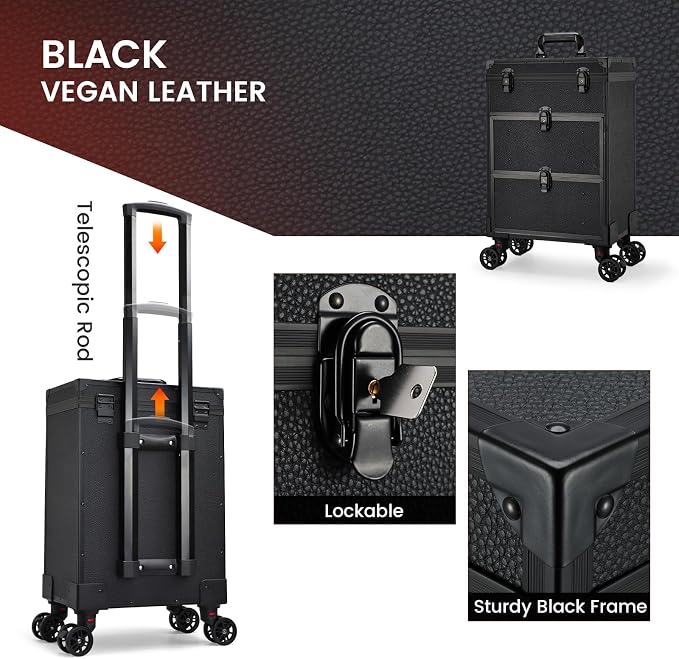 Professional 3 in 1 Rolling Makeup Case Cosmetology Case on Wheels 2 Large Drawer Nail Case Trolley Traveling Cosmetic Train Case with Makeup Pouch for Artists Nail Technician Salon Cart Trunk Black - Image 7
