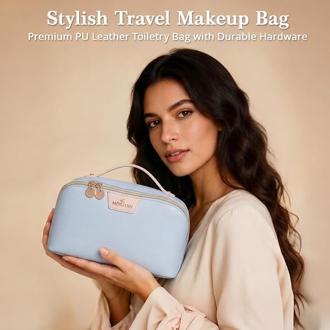 Travel Makeup Bag for Women: 3-in-1 Large Capacity Cosmetics Organizer with 2 Detachable Pouch - Vegan Leather Flat Open Toiletry Bag - Travel Essentials for Full-Sized Bottles(Light Blue) - Image 9