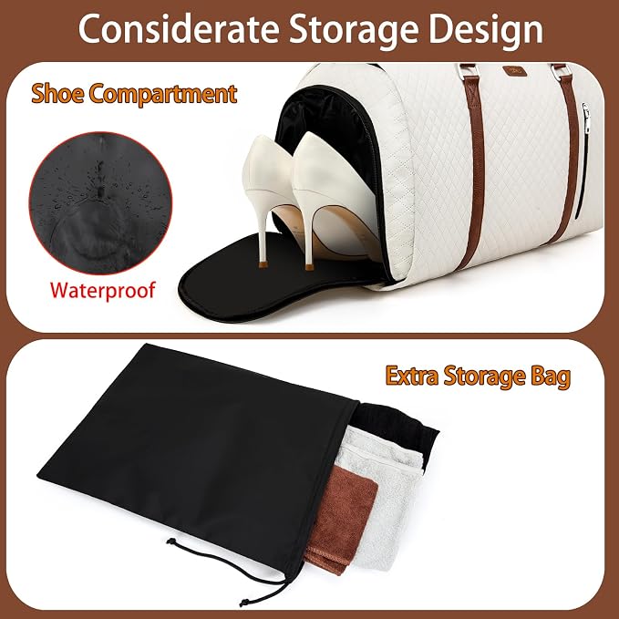 Convertible Garment Duffle Bags for Travel - Carry On Garment Bags With Toiletry Bag, Large Weekender Bags for Women Men 2 in 1 Hanging Suitcase Suit Travel Duffel Bags (2pcs Set, Off White Diamond) - Image 2