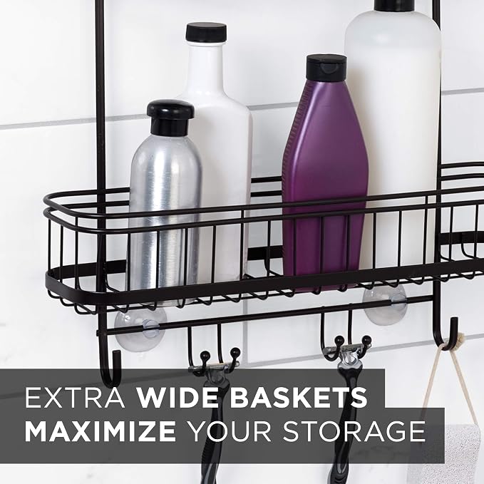 Zenna Home Shower Caddy Hanging Bathroom Organizer, Steel Shower Rack with 2 Extra Wide Shelves and Built in Hooks, Rust-Resistant Over Shower Head Caddy Storage System, Bronze - Image 3