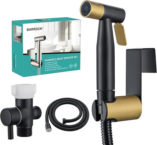 BARROCK Handheld Bidet Sprayer for Toilet, Stainless Steel Metal Made Baby Cloth Diaper Spraying Kit, Bathroom Toilet Bidet Attachment Set for Bathing Pets and Feminine Washing,Matte Black and Gold