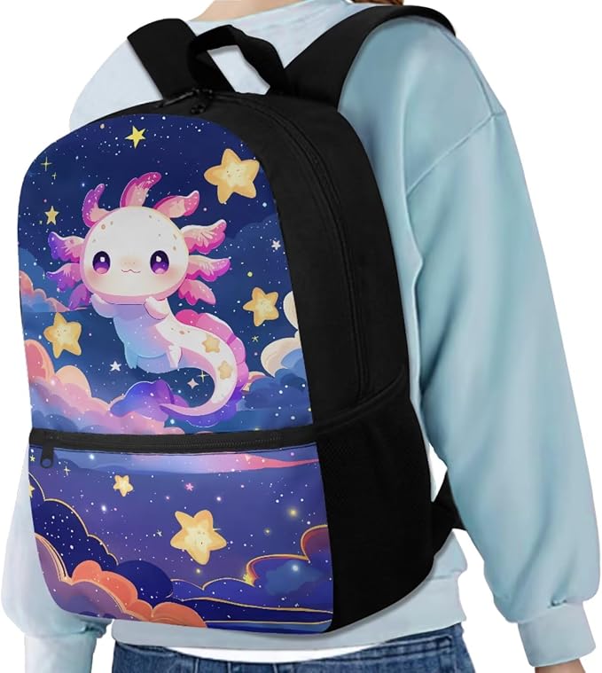 Axolotl Backpack for Girls Kids Backpack with Lunch Box Water Bottle Carrier with Strap and Cute Pencil Case 4PCS Set Bookbag with Front Pocket for School Large School Bag for Elementary Girls - Image 2
