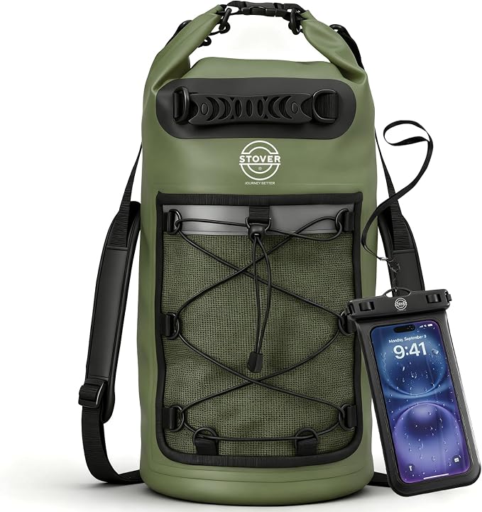 STOVER 5/10/25/30/40L Waterproof Dry Backpack & Phone Case- Large Floating Dry Bag for Kayaking, Travel, Hiking, Fishing, Camping, Motorcycles & Beach, Heavy-Duty Roll Top Men/Women (Green) by STOVER