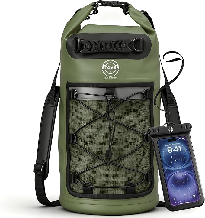 STOVER 5/10/25/30/40L Waterproof Dry Bag & Phone Case - Large Floating Dry Backpack for Kayaking, Travel, Hiking, Fishing, Camping, Motorcycles & Beach, Heavy-Duty Roll Top Men/Women (Green) by STOVER
