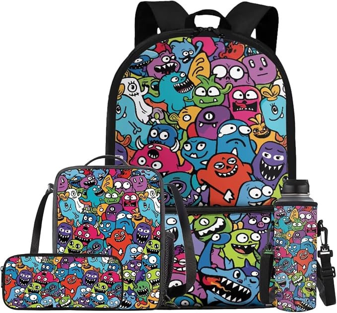 Monster Backpack for Kids Boys Backpack with Lunch Box Water Bottle Carrier with Strap and Cute Pencil Case 4PCS Bookbag with Front Pocket for School 17" Large School Bag for Elementary Girls by ELEDIZI