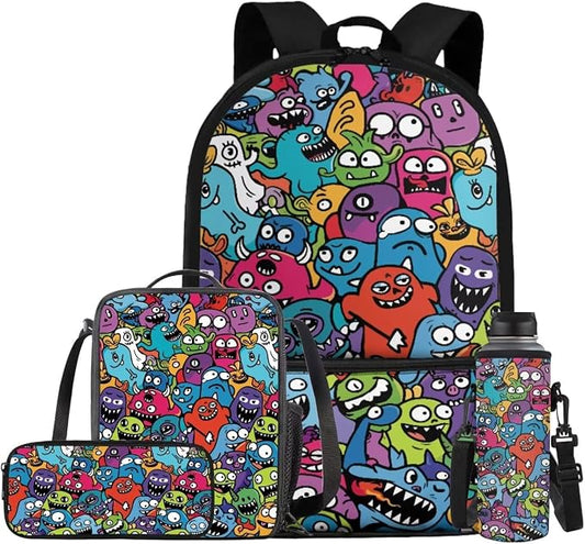 Monster Backpack for Kids Boys Backpack with Lunch Box Water Bottle Carrier with Strap and Cute Pencil Case 4PCS Bookbag with Front Pocket for School 17" Large School Bag for Elementary Girls by ELEDIZI