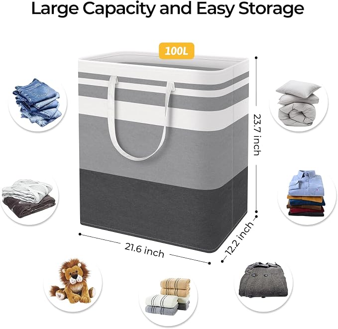 HomeHacks 2 Pack Large Laundry Baskets, Waterproof, Freestanding Laundry Hampers, Collapsible Clothes Hamper with Reinforced Handles in Laundry, College Dorm, Bathroom, Bedroom (Grey+Blue, 100Lx2) - Image 4