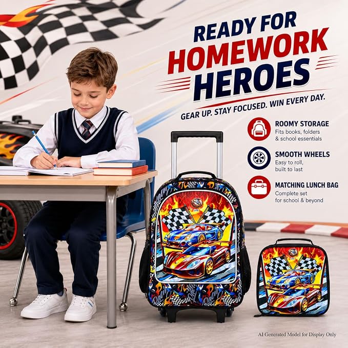 HPJGD 3PCS Car Rolling Bookbag for Boys, Kids School Backpack with Wheels, Water Resistant UV Printed Roller Wheeled Bookbag Set with Lunch Box - Image 8