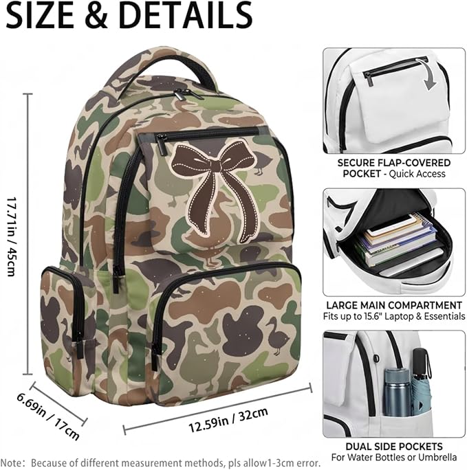 Duck Camo 4 Piece Backpack Set for Kids, 17 Inch Multi-Pocket School Backpack with Lunch Bag, Pencil Case and Water Bottle Holder, Lightweight 600D Bag for School - Image 4