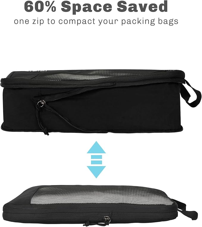Hynes Eagle 6 Set/ 4 Set/ 2 Set Compression Packing Cubes Travel Essentials Lightweight Nylon Luggage Suitcase Organizer Bag Black 2PCS - Image 5