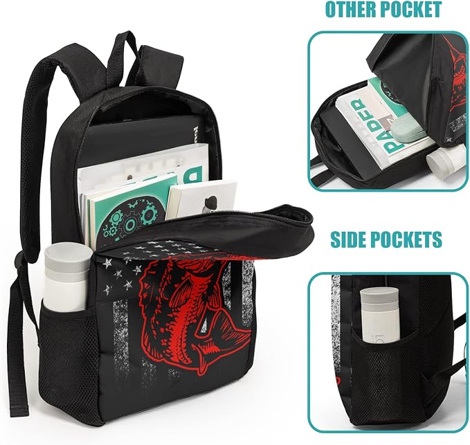 Giwawa Bass Fishing Lure Teens School Backpack Set American Flag Canvas Girls Boys School Bags Travel Bookbags 3 in 1 - Image 4