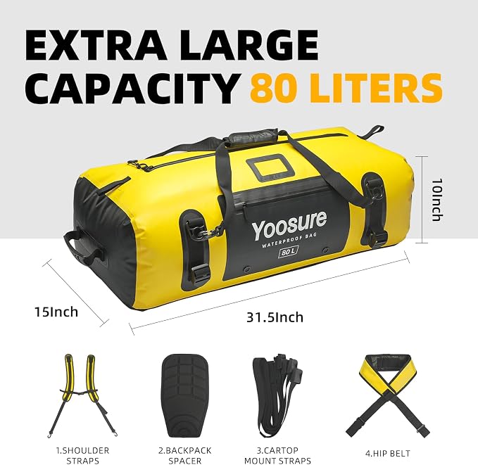 80L Waterproof Duffel Bag Motorcycle Dry Bag Backpack, Waterproof Zippered Bags with Backpack Spacer Pad for Kayaking Rafting Boating Canoeing Camping Paddle Beach (Yellow) - Image 5