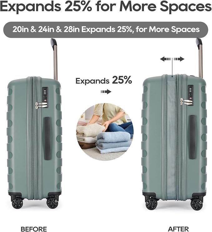 GinzaTravel PP material 3-piece expandable luggage sets with Spinner Wheels， Suitcase with TSA Lock，Large Luggage for Family Travel carry on 20/24/28，Dark green color - Image 3