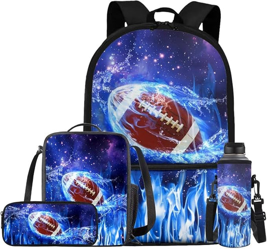 Galaxy Football Backpack for Boys Kids Backpack with Lunch Box Water Bottle Pouch and Soft Pencil Case 4PCS Set Bookbag with Front Pocket for School 17 inch Large Capacity School Bag for Girls by ELEDIZI