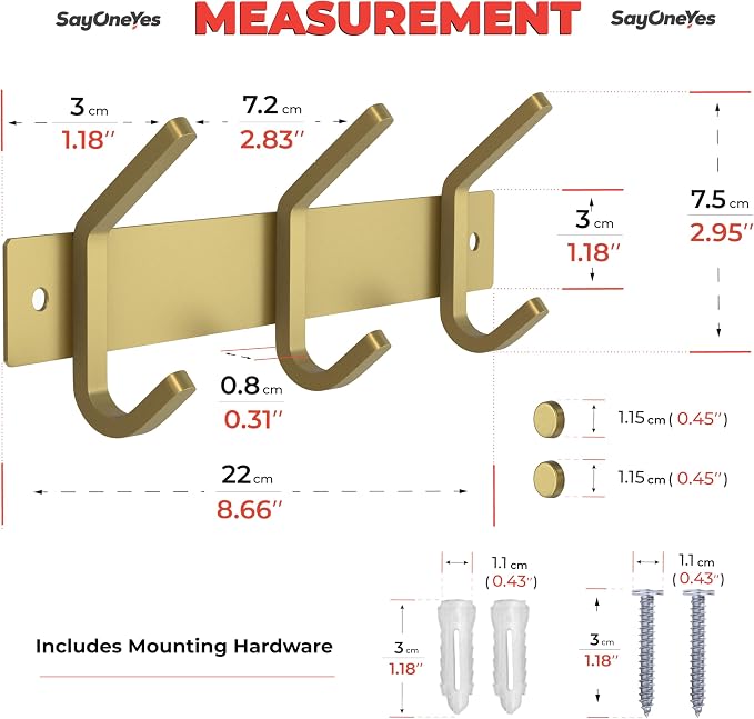 Brushed Gold Small Coat Rack Wall Mount – 9 Inch Stainless Steel Rail with 3 Double Coat Hooks for Entryway, Bathroom, Bedroom, Kitchen – Modern Gold Hook Rack for Coats, Hats, Towels - Image 2