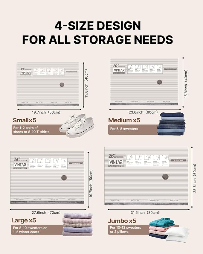 Vacuum Seal Bags for Clothing Travel with Rechargeable Cordless Pump, VINTAR 20 Pack Space Saver Vacuum Storage Bags(5J+5L+5M+5S), Compression Packing Bags for Luggage and Suitcase - Image 2