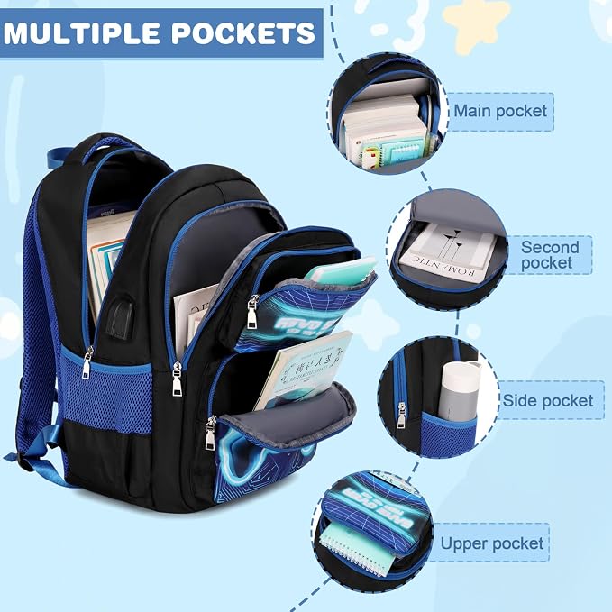 Bevalsa Backpack for Boys, School Bags for Kids, Bookbag for Boys Girls Children Teens Backpacks for Elementary Middle High school Student, Bookbag and Lunch Bag Set with USB Charging Port (Blue) - Image 3