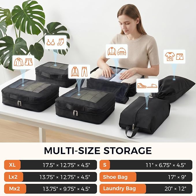 BAGAIL 8 Set Compression Packing Cubes, Durable & Wear-resistant Expandable Luggage Organizer Bags for Travel Accessories (Black) - Image 4