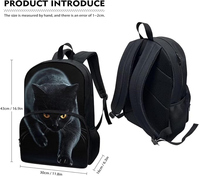 4Pcs Black Cat Print Travel Backpacks for Men Women Adults School Bag Large Capacity Bookbag Schoolbag Tote Lunch Bags Pencil Bag for Purse Fountain Pens Work Camping Diaper Bag Daypack - Image 5