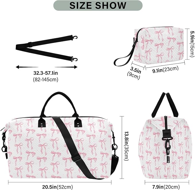 Weekender Bags Travel Duffel Gym Bag Carry on Overnight Tote Bag with Toiletry Bag for Airplane Travel Trip Gym Yoga (Pink Bow 61) - Image 3