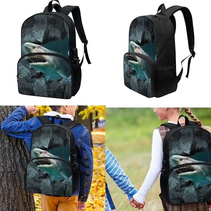 Kids Teen Backpack with Lunch Tote Pencil Case Set for Elementary Middle School 3D Shark Print Backpack with Front Pocket Lightweight School Bags Daypack for Outdoor Sports Travel - Image 2