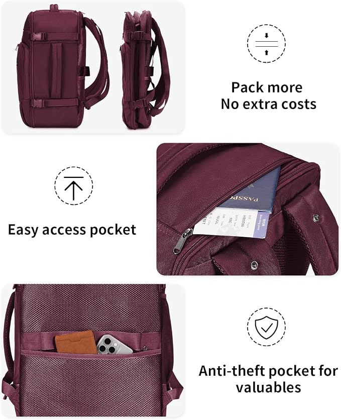 ECOHUB Travel Backpack for Women, 18x14x8 Frontier Airlines Personal Item Bag with Clear Toiletry Bag, Laptop Carry on Backpack with USB Port, Airline Approved Under Seat 14 Pockets 30L, Red - Image 8