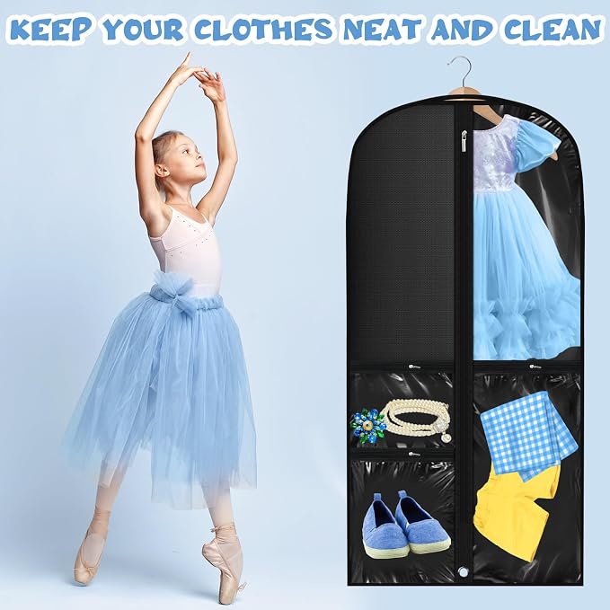Geelin 14 Pcs Garment Bags for Dance Costumes PVC Clear with Zippers 20 x 40 Inch Garment Bag with Pockets Dance Costume Organizer Carrier for Storage Cover for Adult(Black) - Image 5