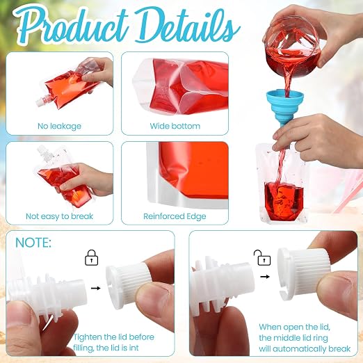 Patelai 150 Pieces Plastic Liquid Pouch Reusable Juice Pouches Travel Water Leak Proof Bags Bulk with Collapsible Silicone Funnel for Travel Outdoor (3 oz) - Image 2