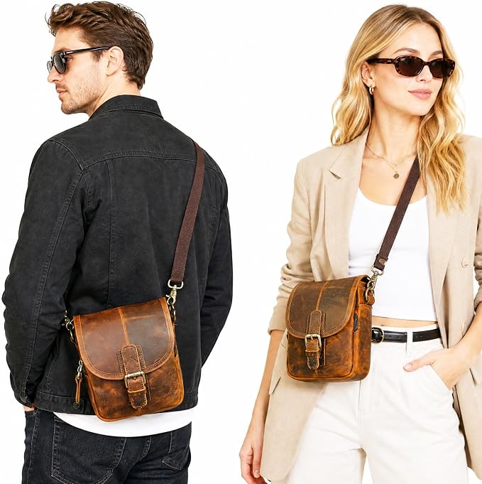 Water Resistant Canvas + Leather Hiking Riding Travel Fanny Waist Pack Small Phone Pouch For Men Women FB811-29 (100% Leather- Coffee) - Image 3