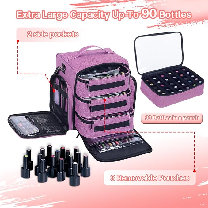 Nail Polish Organizer Case Hold 90 Bottle with 3 Detachable Bag,Purple | Portable Travel Storage Box Designed for Women's Nail Tools, Essential Oils and Cosmetics Sets - Image 4
