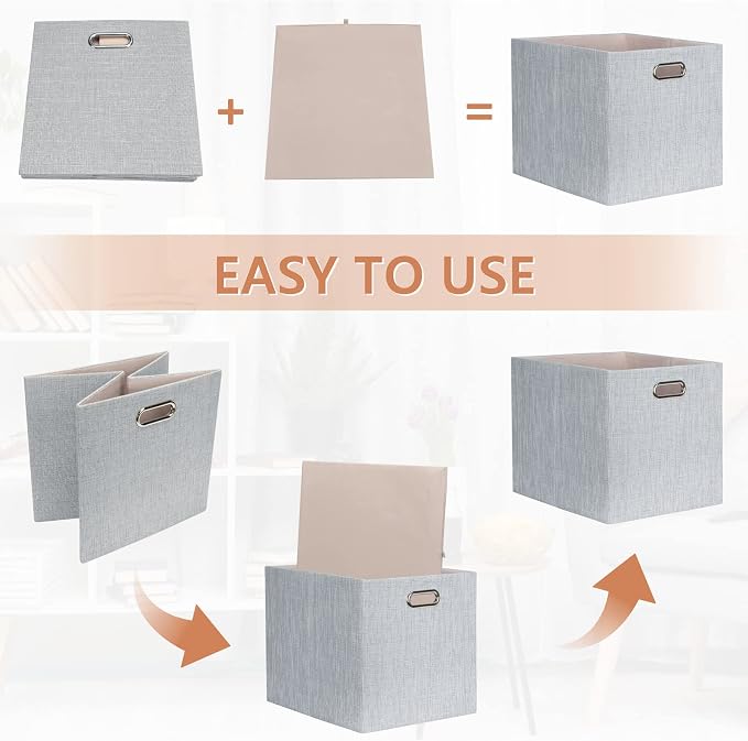Posprica 13x15x13in Collapsible Storage Bins, Fabric Foldable Cube Storage Boxes, Decorative Storage Baskets Organizer for IKEA Kallax, Shelves, Closet, Clothes, Set of 4-Grey - Image 6