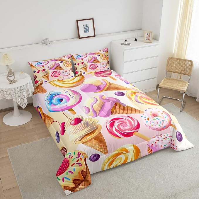 Erosebridal Girls Donuts Comforter Set Full Size, Dessert Sweet Down Comforter for Kids Children Boys, Ice Cream Girly Pink Duvet Insert Cherry Cake Girly Flower Bedding Comforters for Bedroom - Image 2
