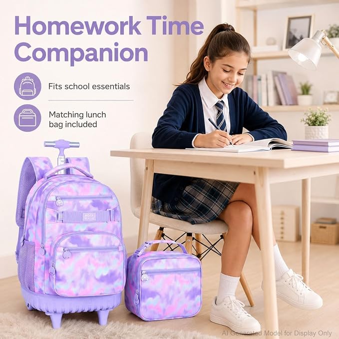 3Pcs Rolling Backpack for Girls, 19 Inche Women Roller Bag with Wheels for Adults, Wheeled Bookbag with Lunch Box(Purple) - Image 7