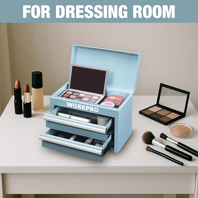 WORKPRO Metal Mini Tool Box with 2 Drawers and Top Storage | Cold Rolled Steel Toolbox, Ball Bearing Slides, PVC Drawer Liners, PP Feet Pads, Durable Storage - Image 7