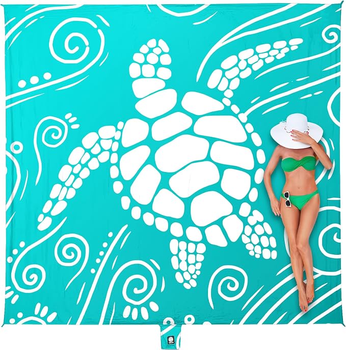 WEKAPO Beach Blanket Waterproof Sandproof Oversized Extra Large Sand Free Beach Mat with Stakes, Storage Bag - Essentials for Outdoor Beach, Picnic (Gradient Teal Sea Turtle, 11 X 9 FT (1~10 Person)) by Wekapo