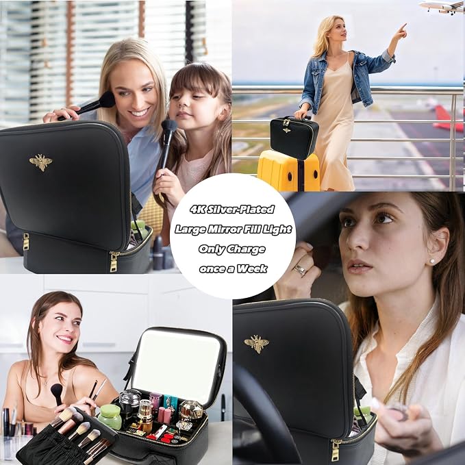 Travel Makeup Bag with Light Up Mirror, Portable Makeup Bag with Led Light Women Waterproof Makeup Travel Case adjustable dividers Rechargeable Vanity Mirror with 3 Color Lights (NO Shoulder Strap) - Image 7