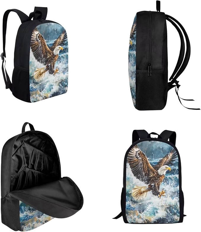 17 Inch Animal Print School Backpack And Lunch Box Set for Kids Lightweight Aesthetic Bald Eagle Backpack for Boys Girls Sturdy School Bag with Insulated Lunchbox Pencil Case Student Bookbag - Image 3