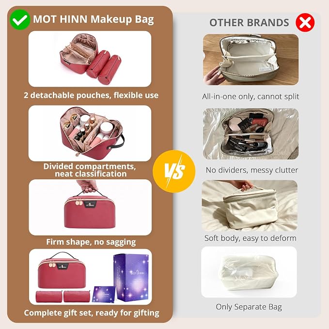 Travel Makeup Bag for Women: 3-in-1 Large Capacity Cosmetics Organizer with 2 Detachable Pouch - Vegan Leather Flat Open Toiletry Bag - Portable Travel Essentials for Full-Sized Bottles(Red) - Image 3