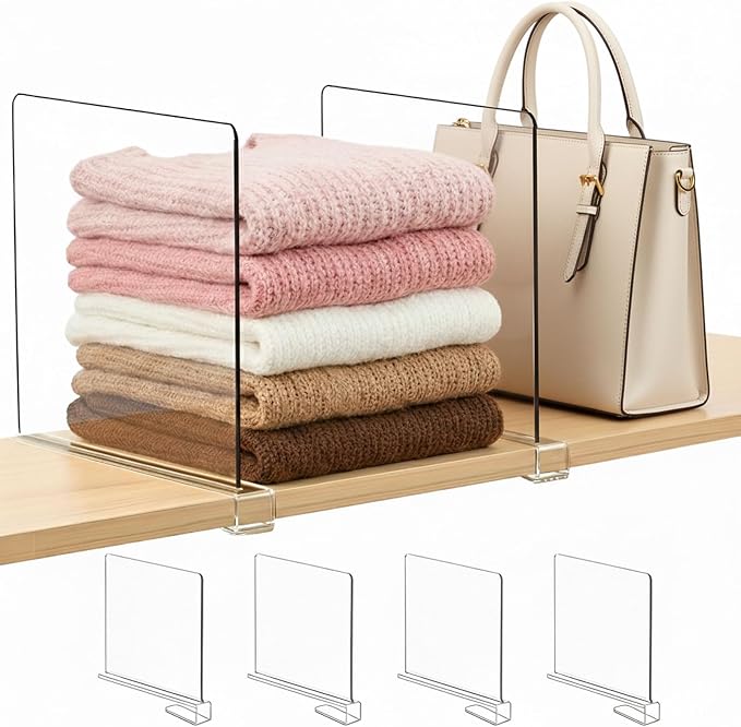 Purse Organizer for Closet Shelf Dividers: 11-inch Tall (Higher Version) Adjustable Clear Acrylic Bag Storage Organizer for Handbags, Sweaters, Towels, Jeans and Shoes on Wood Shelves 4-Pack by Saccik