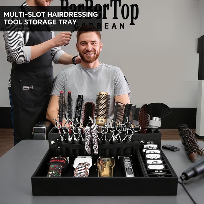 Barber Organizer Tray, 13.9 x 11.2 x 4.4 inch Adjustable Station for Clippers & Guards Scissors, Multifunctional Non-slip Barber&Salon Hair Tools Holder, with PU Leather Exterior Hairdressing Case - Image 2