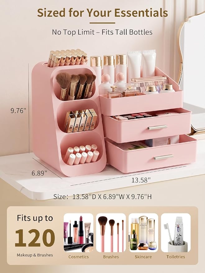 Booklov Large Makeup Organizer for Vanity and Bathroom Countertop, Pink | Plastic Cosmetic Display Case with Drawers, Beauty Brush Holder for Dresser Counter Skin Care Eyeshadow Lipstick Storage - Image 2