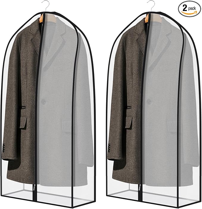 Zilink Breathable Garment Bags for Leather Coat 43” Suit Bags for Closet Storage Silky Suit Dust Covers for Hanging Clothes with 7" Gussted Wrinkle Free for Leather Clothing, Fur Coat, Dress, Set of 2 by Zilink