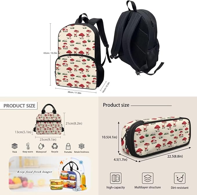 Beige Mushroom Backpack with Lunch Box and Pencil Case Girls Comfy Padded Cute School Backpack Set of 3 Bookbag for Student Lightweight Large Capacity Daypack - Image 4