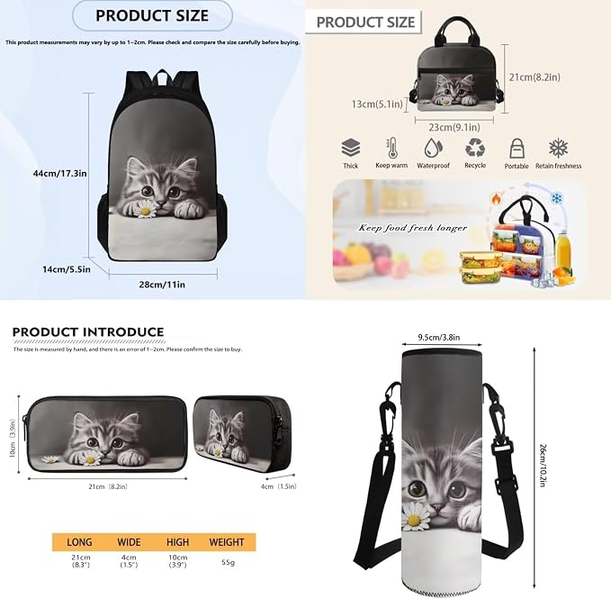 Large Backpack for School 4 Pcs, Cat Daisy Print Teens Bookbag School Book Bag with Insulated Lunch Bag Pencil Case Water Bottle Sling, Back to School Supplies - Image 7
