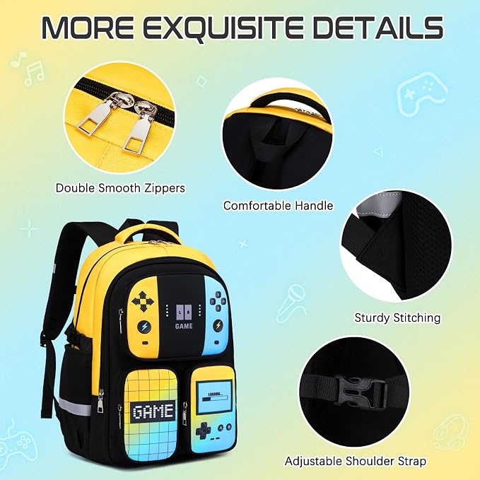 Gamer Backpack for Boys , 3PCS Boys Backpack with Lunch Box & Pencil Pouch, Waterproof School Bags for Boy Kids Children Teens, Elementary Middle School, Kids Book Bag Casual Daypack (Yellow Blue) - Image 5