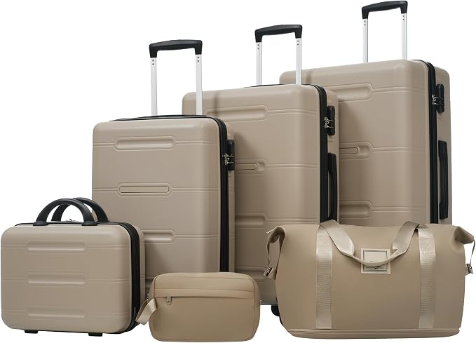 Khaki 6 Piece Luggage Set Hard Shell - Checked Suitcases with Spinner Wheels and Duffel Bags for Family Travel, Durable Carry On Luggage Sets with Lock & 14" Cosmetic Case for Women and Men by Unknown