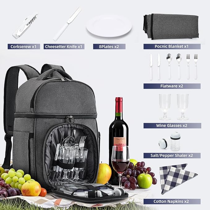 Vogano Picnic Backpack & Accessories – Insulated Picnic Set for 2 Person with Dual Compartments, Lightweight Blanket, Cutlery Set, for Newlyweds and Couples Gifts Grey - Image 5