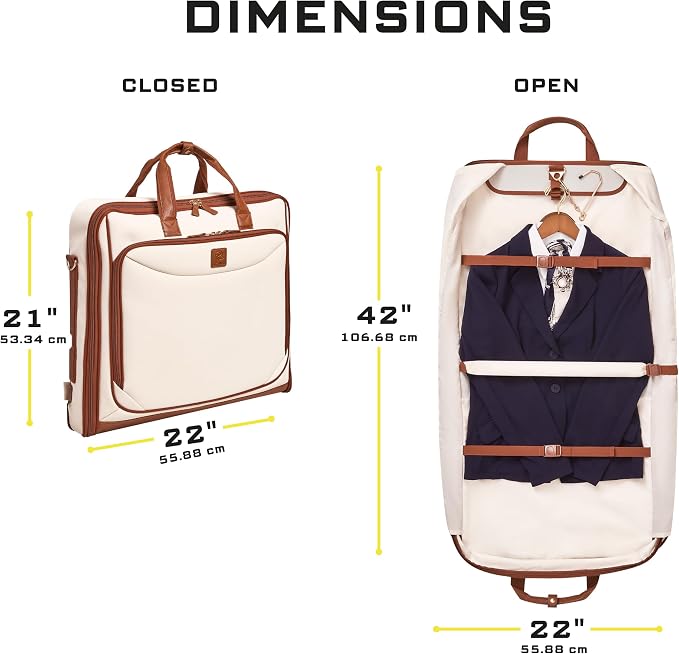 ZEGUR Premium Garment Bag Carry On for Women - Hangs Blazers, Pantsuits & More - Travel Bag with Shoulder Strap and Laptop Compartment (Beige with Saddle Brown Leather) - Image 4
