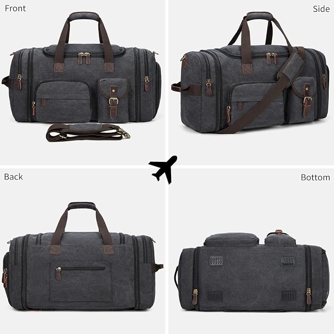 Mens Duffle Bag for Travel 60L Expandable Canvas Weekender Overnight Travel Duffel Bag with Shoe Compartment Carry-On for Airplanes Dark Gray - Image 7