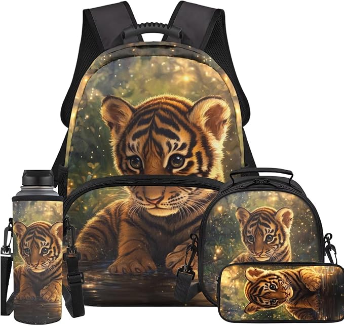 Cute Tiger Backpack for Kids Boys Backpack with Lunch Box Water Bottle Pouch and Big Pencil Case Pouch 4PCS Set Bookbag with Compartments 17 inch Study School Bag Kids Back to School Gifts by Unknown